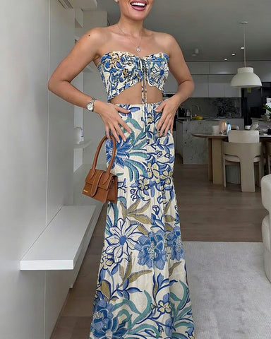 Women’s Tropical Floral Maxi Dress – Bandeau Cutout, Ruffle Hem