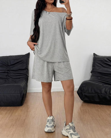 Women's Off-Shoulder Tee Wide-Leg Pants 2P Set