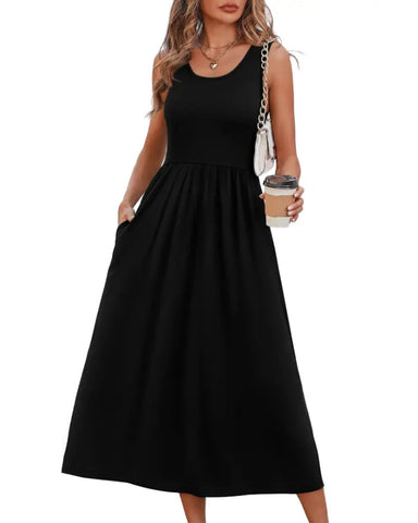 Women’s Boho Midi Beach Dress, Pocket Sundress