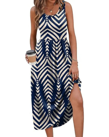 Women’s Boho Midi Beach Dress, Pocket Sundress