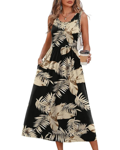 Women’s Boho Midi Beach Dress, Pocket Sundress