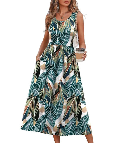 Women’s Boho Midi Beach Dress, Pocket Sundress