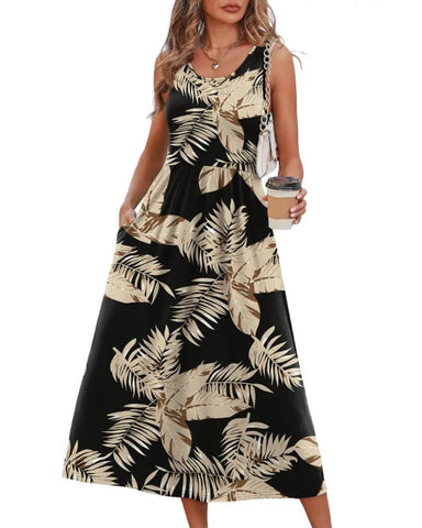 Women’s Boho Midi Beach Dress, Pocket Sundress