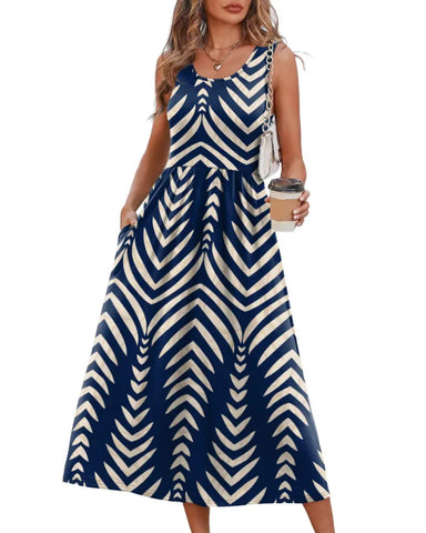Women’s Boho Midi Beach Dress, Pocket Sundress