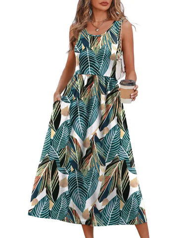 Women’s Boho Midi Beach Dress, Pocket Sundress