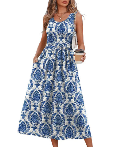 Women’s Boho Midi Beach Dress, Pocket Sundress