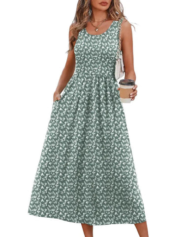 Women’s Boho Midi Beach Dress, Pocket Sundress