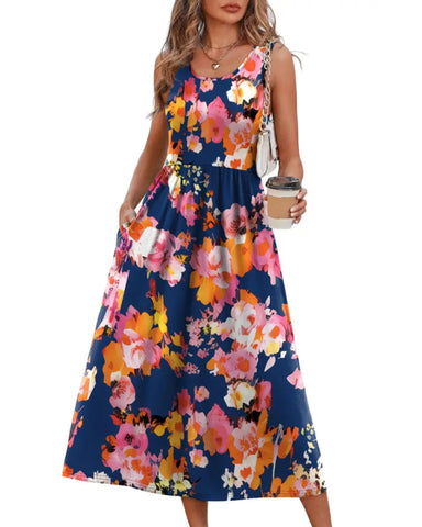 Women’s Boho Midi Beach Dress, Pocket Sundress