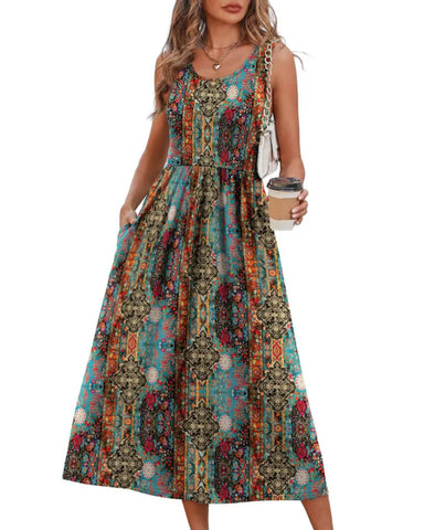 Women’s Boho Midi Beach Dress, Pocket Sundress