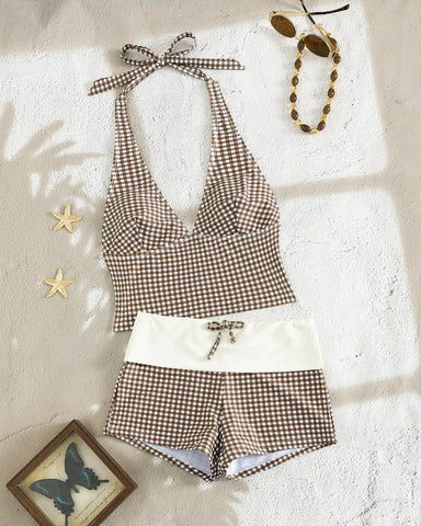 Women’s Retro Plaid Halter Bikini Set, 2-Piece Beach Swimwear