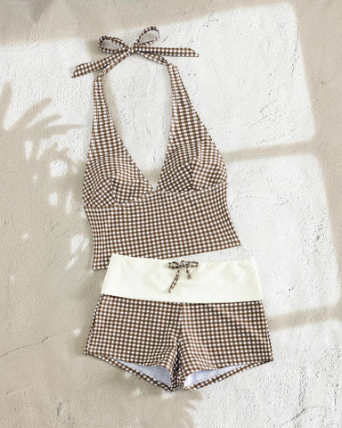Women’s Retro Plaid Halter Bikini Set, 2-Piece Beach Swimwear