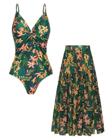 Women’s V-Neck 2-Piece Swim Set with Cover-Up Skirt
