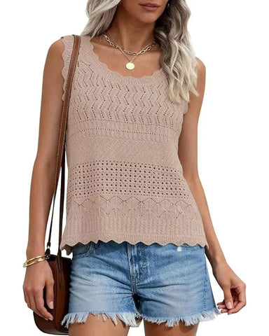 Women’s Boho Crochet Tank Vest, Sleeveless Knit Beach Top