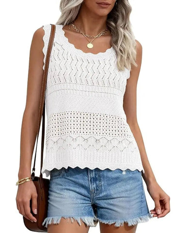 Women’s Boho Crochet Tank Vest, Sleeveless Knit Beach Top