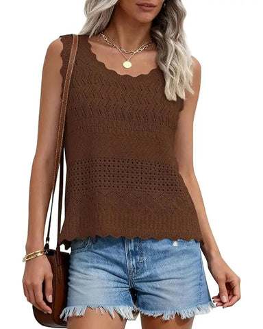 Women’s Boho Crochet Tank Vest, Sleeveless Knit Beach Top