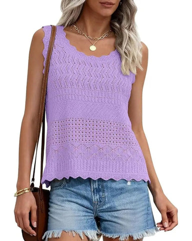 Women’s Boho Crochet Tank Vest, Sleeveless Knit Beach Top