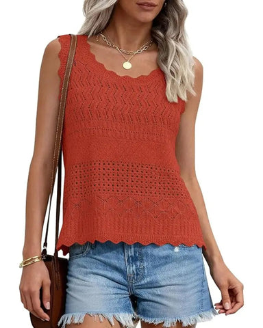 Women’s Boho Crochet Tank Vest, Sleeveless Knit Beach Top