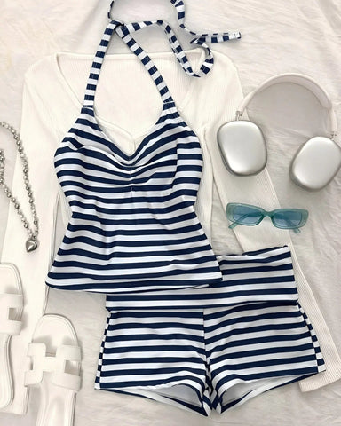 Striped Tankini – Halter Crop Top & Boyshorts Beach Vacation Sporty