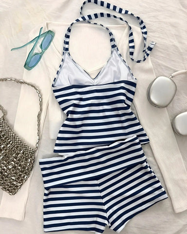Striped Tankini – Halter Crop Top & Boyshorts Beach Vacation Sporty