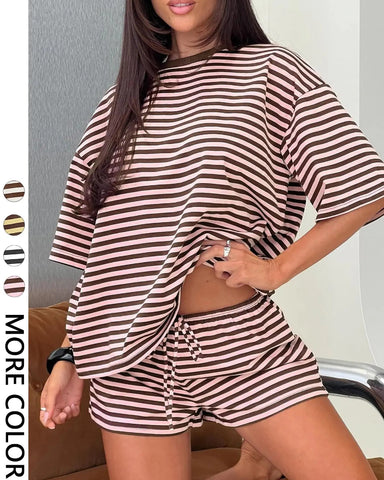 Women’s Striped 2-Piece Set, Oversized Tee & Shorts Lounge Outfit