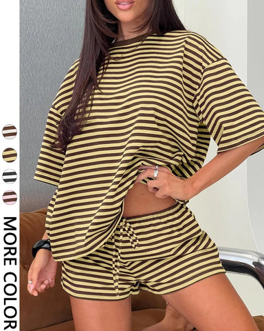 Women’s Striped 2-Piece Set, Oversized Tee & Shorts Lounge Outfit