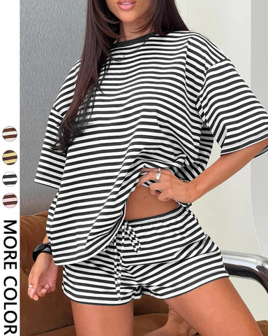 Women’s Striped 2-Piece Set, Oversized Tee & Shorts Lounge Outfit