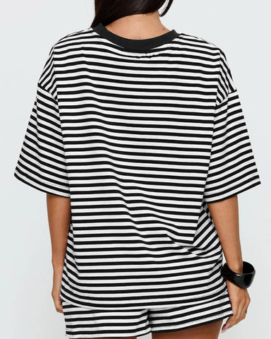 Women’s Striped 2-Piece Set, Oversized Tee & Shorts Lounge Outfit