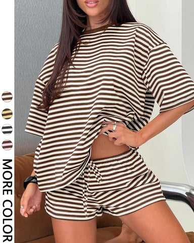 Women’s Striped 2-Piece Set, Oversized Tee & Shorts Lounge Outfit