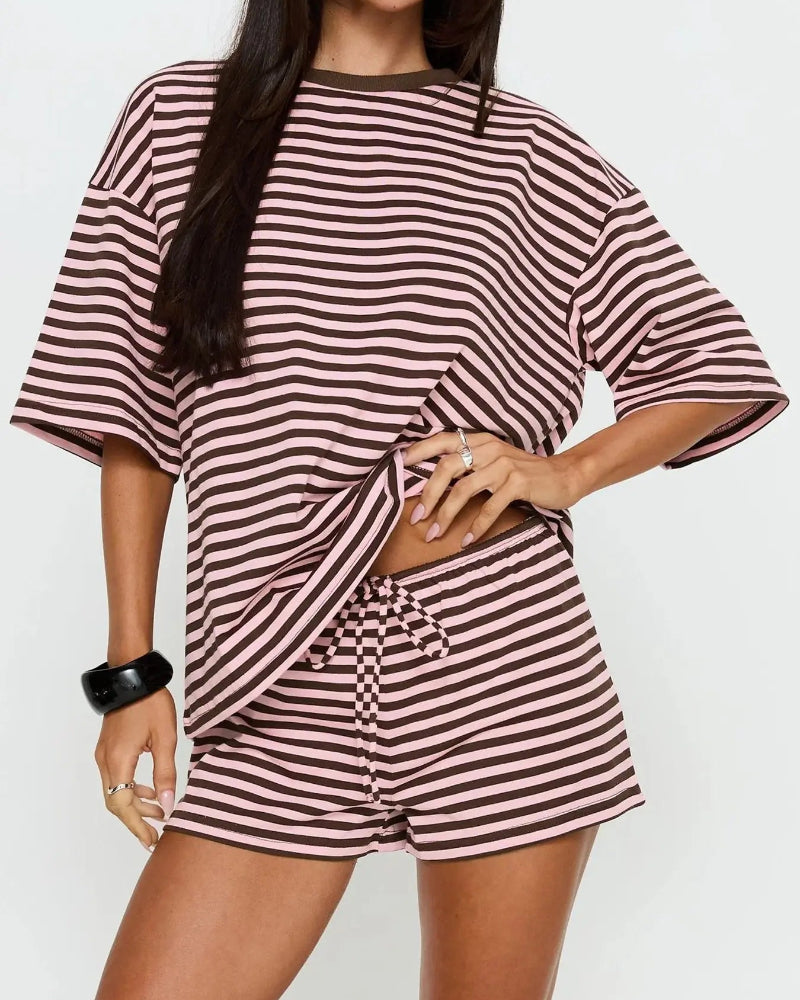 Women’s Striped 2-Piece Set, Oversized Tee & Shorts Lounge Outfit
