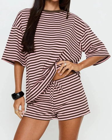 Women’s Striped 2-Piece Set, Oversized Tee & Shorts Lounge Outfit