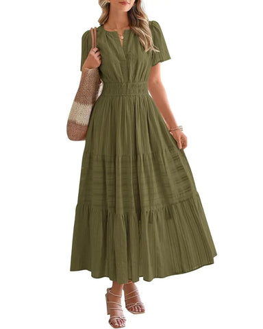 Women’s Boho Maxi Dress, V-Neck Short Sleeve Summer Dress with Pockets