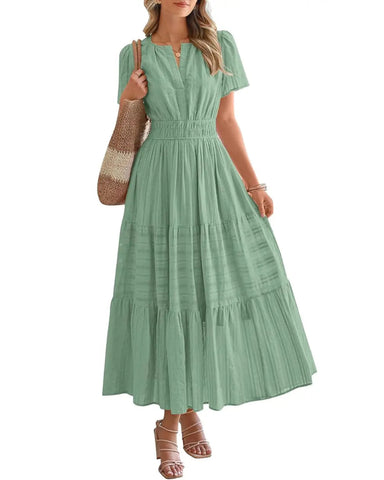 Women’s Boho Maxi Dress, V-Neck Short Sleeve Summer Dress with Pockets