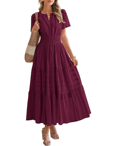Women’s Boho Maxi Dress, V-Neck Short Sleeve Summer Dress with Pockets