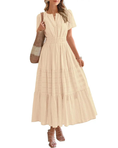 Women’s Boho Maxi Dress, V-Neck Short Sleeve Summer Dress with Pockets