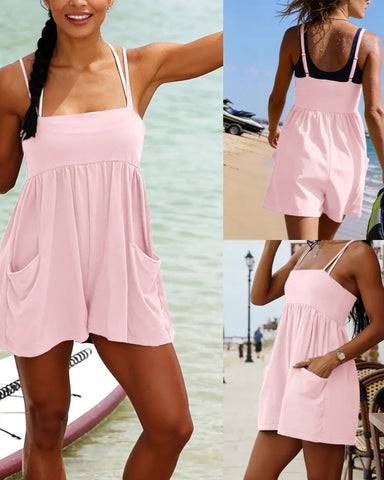 Women’s Strappy Cotton Romper, Backless Oversized Jumpsuit with Pockets