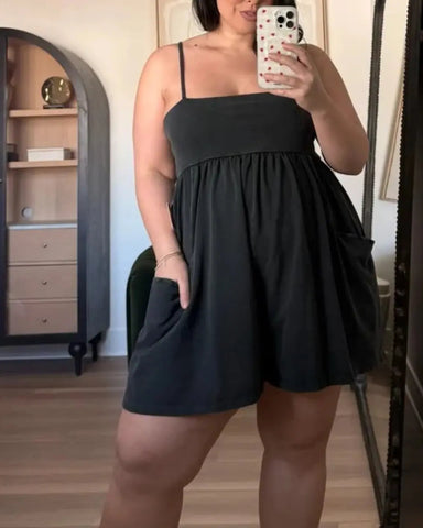Women’s Strappy Cotton Romper, Backless Oversized Jumpsuit with Pockets