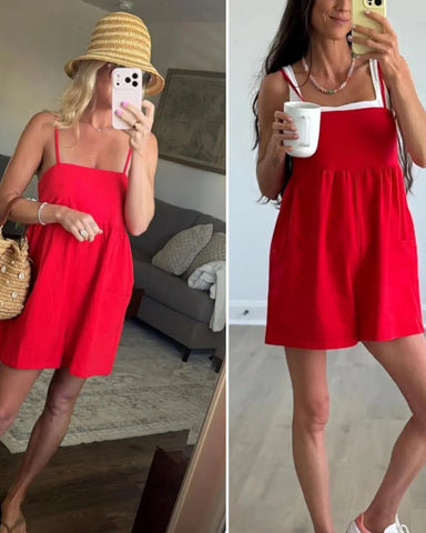 Women’s Strappy Cotton Romper, Backless Oversized Jumpsuit with Pockets