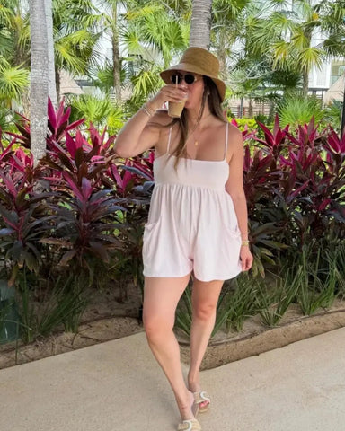 Women’s Strappy Cotton Romper, Backless Oversized Jumpsuit with Pockets