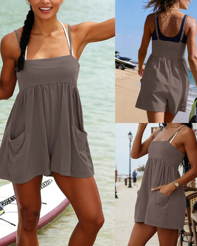 Women’s Strappy Cotton Romper, Backless Oversized Jumpsuit with Pockets