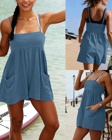 Women’s Strappy Cotton Romper, Backless Oversized Jumpsuit with Pockets