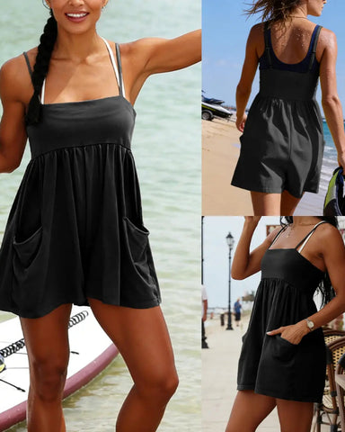 Women’s Strappy Cotton Romper, Backless Oversized Jumpsuit with Pockets
