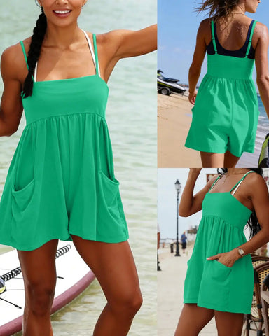 Women’s Strappy Cotton Romper, Backless Oversized Jumpsuit with Pockets