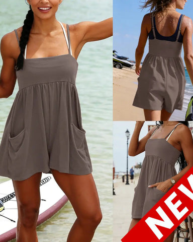 Women’s Strappy Cotton Romper, Backless Oversized Jumpsuit with Pockets