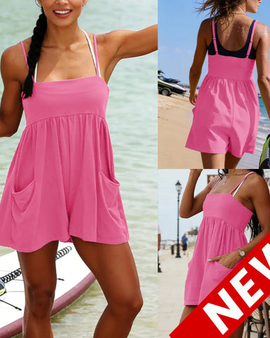 Women’s Strappy Cotton Romper, Backless Oversized Jumpsuit with Pockets