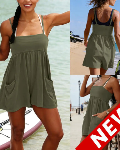 Women’s Strappy Cotton Romper, Backless Oversized Jumpsuit with Pockets