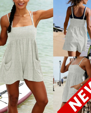 Women’s Strappy Cotton Romper, Backless Oversized Jumpsuit with Pockets