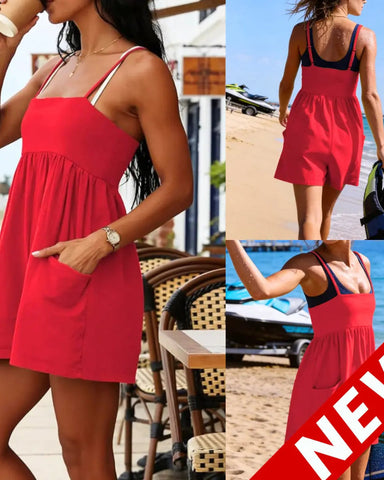 Women’s Strappy Cotton Romper, Backless Oversized Jumpsuit with Pockets