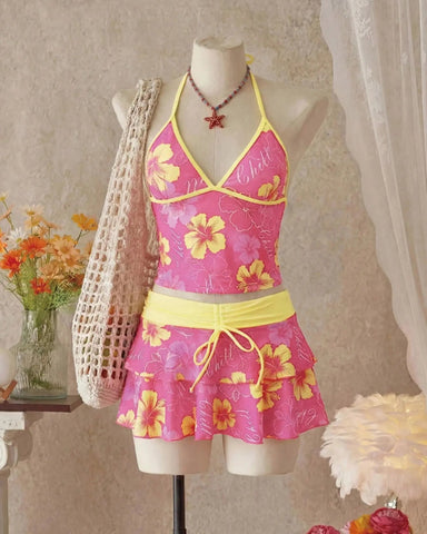 Women’s Print Halter Bikini Set 3PCS Tankini Swimwear with Skirt Beachwear