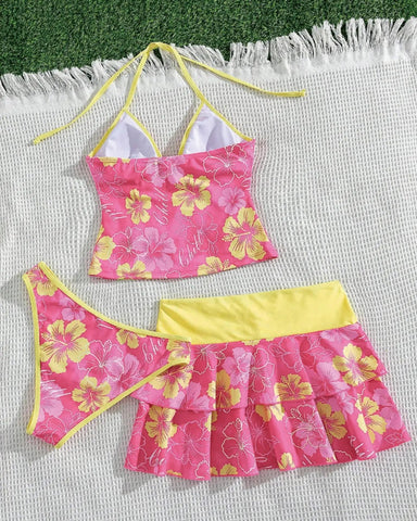 Women’s Print Halter Bikini Set 3PCS Tankini Swimwear with Skirt Beachwear