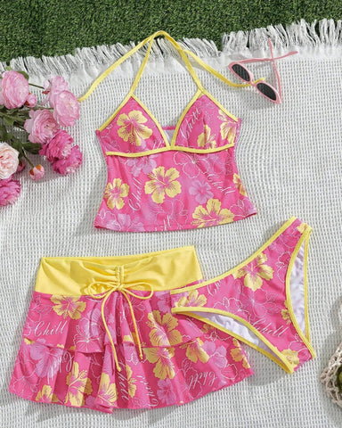 Women’s Print Halter Bikini Set 3PCS Tankini Swimwear with Skirt Beachwear